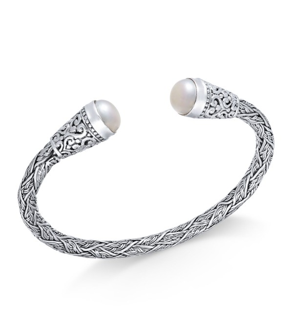 Cultured Freshwater Pearl (10mm) Filigree Cuff Bangle Bracelet in Sterling Silver