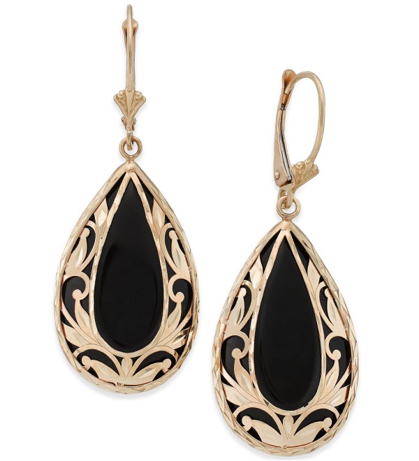 Onyx Teardrop Decorative Framed Drop Earrings (28mm x 16mm) in 14k Gold or 14k White Gold