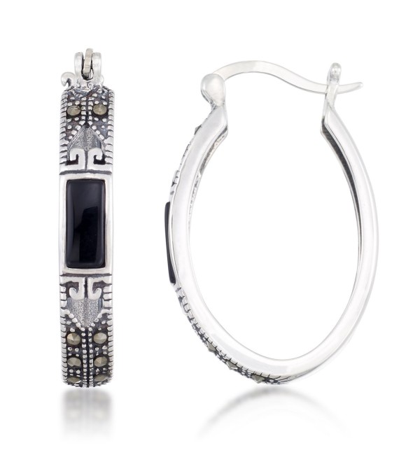 Onyx (7.5 x 5.3mm) & Marcasite Oval Hoop Earrings in Sterling Silver